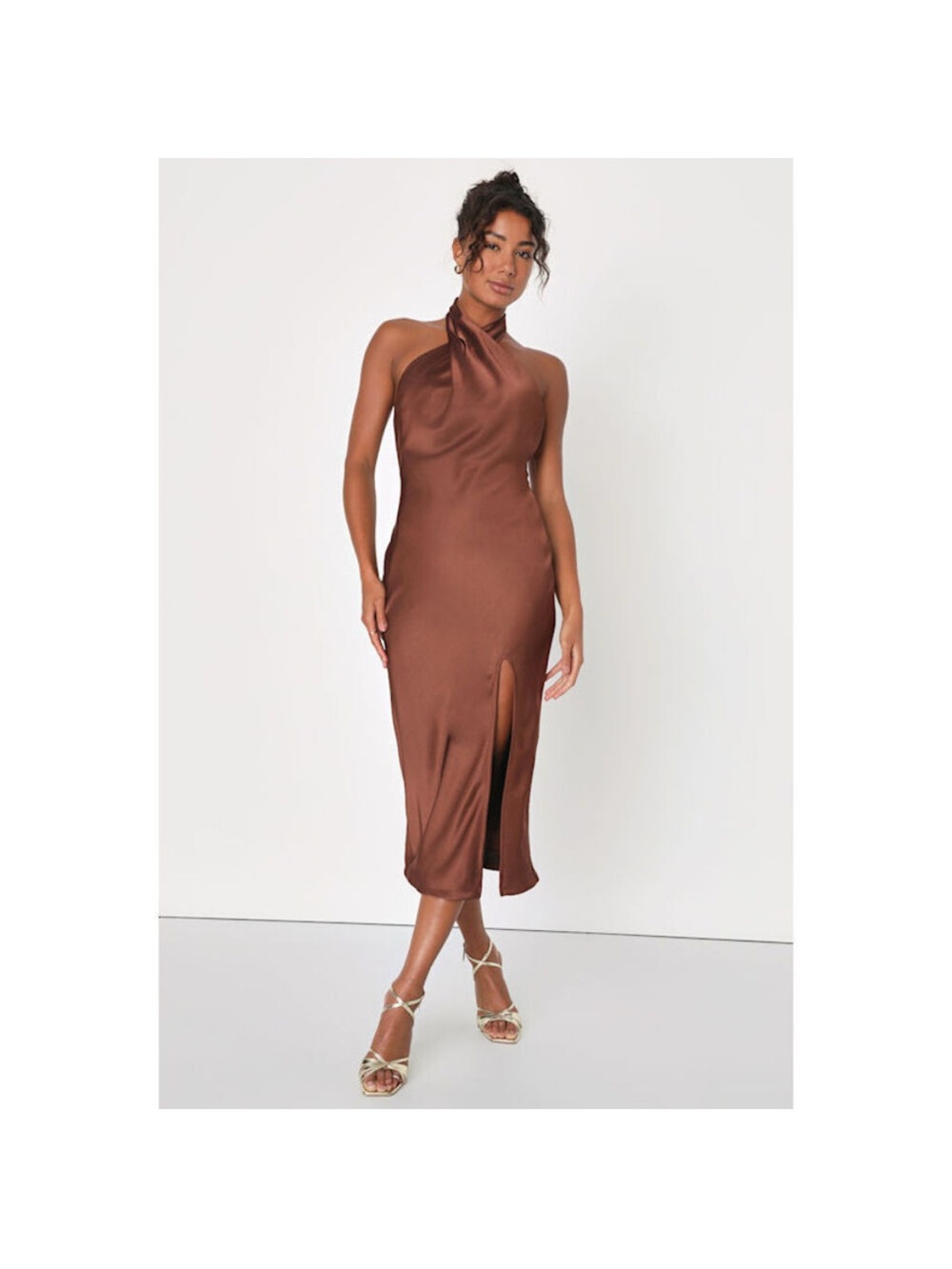 Lulu's Beyond Classy Satin Halter Backless Dress in Chocolate Brown - Picture 5 of 6